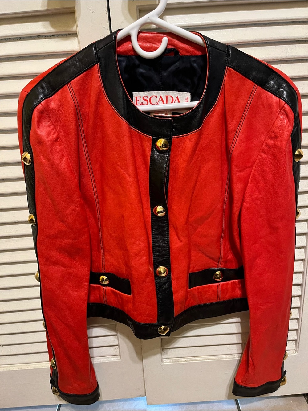 Escada Red Leather Jacket with Black Trim and Gold Buttons usa8 eu38